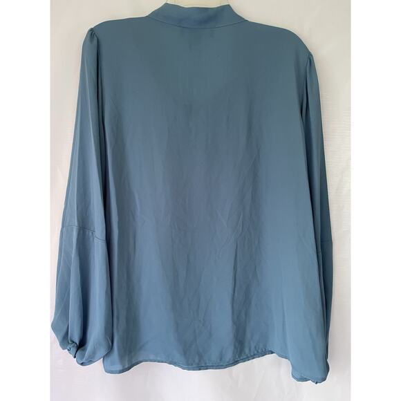 DKNY Cinched Sleeve Bow Tie Blouse Blue Long Sleeve Large New NWT - Picture 3 of 10